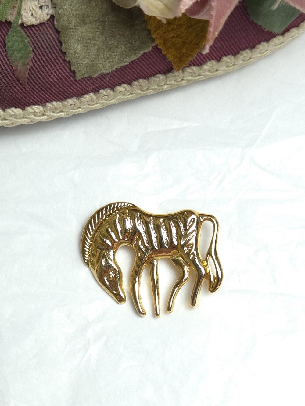 Vintage Gold Tone Stylized Zebra Brooch